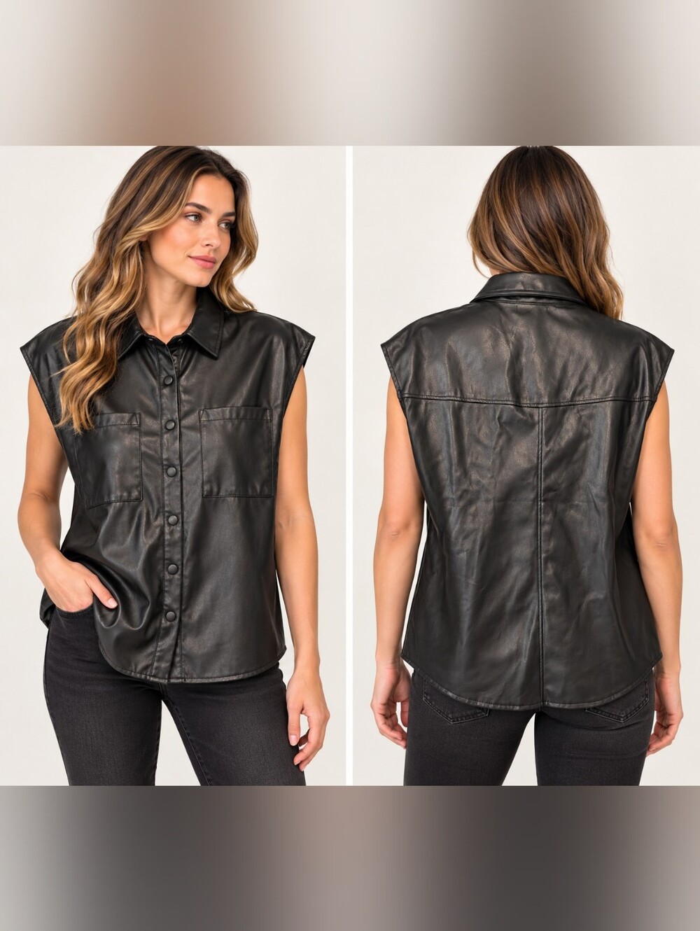 New Elan Women Sz S Black Faux Vegan Leather Sleeveless Shirt Vest Snap Front